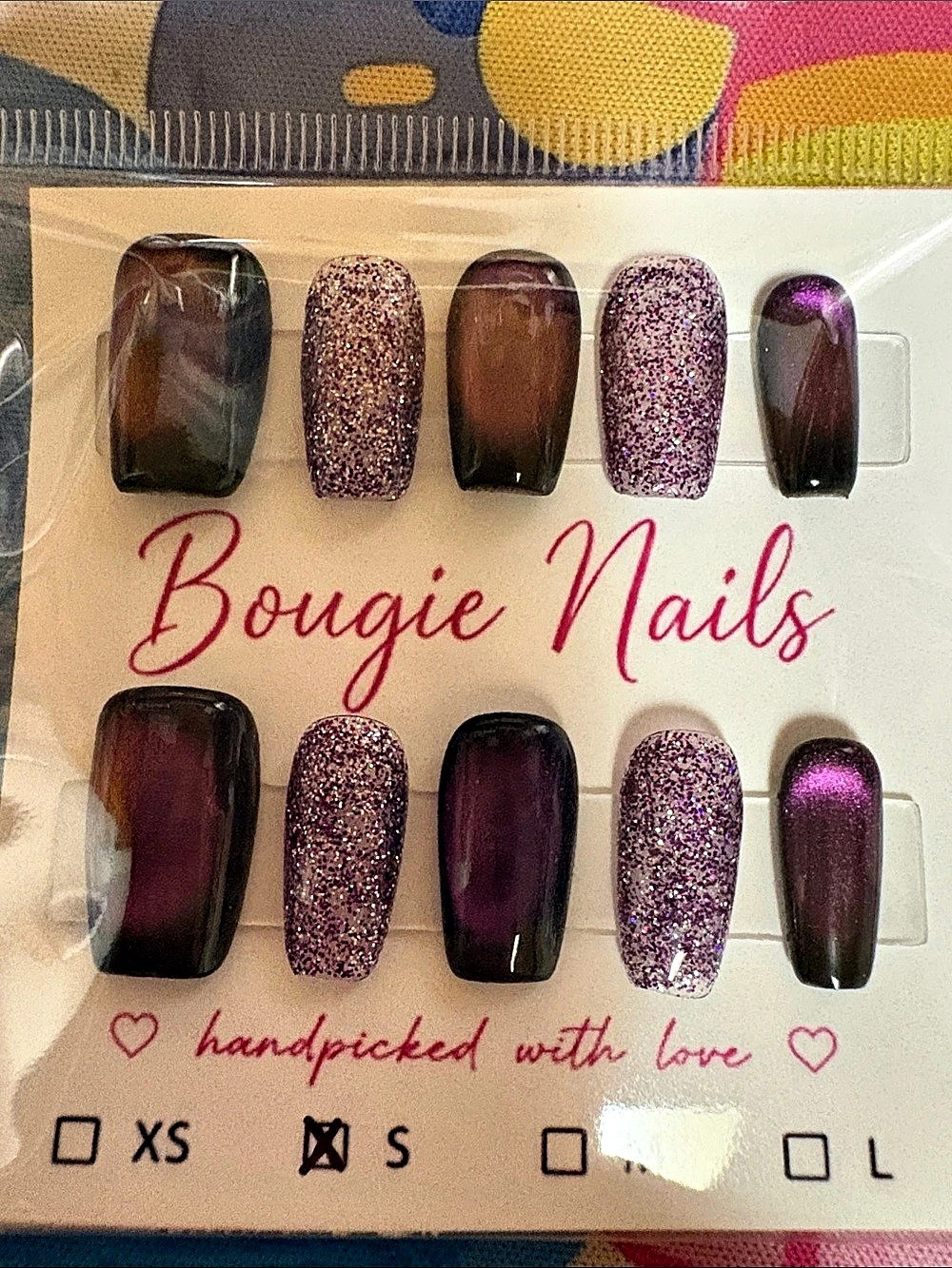 Bougie Nails Press-On Nail Set Purple & Brown Small NWT